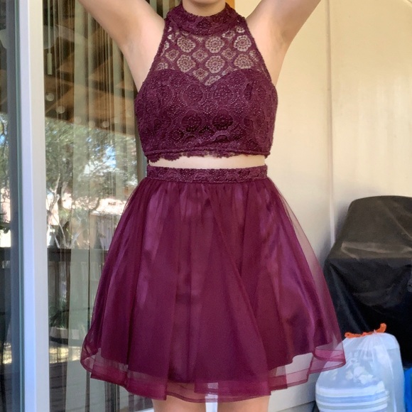 dark purple two piece prom dress